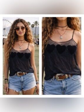 Womens 90s Y2K Sheer Mesh Heart Tank Top Small Festival Fairy Grunge Whimsigoth